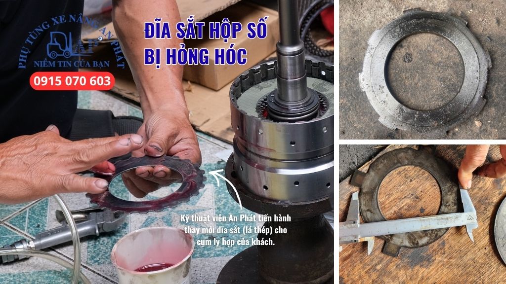 Kỹ thuật viên An Phát thay đĩa sắt xe nâng cho khách hàng